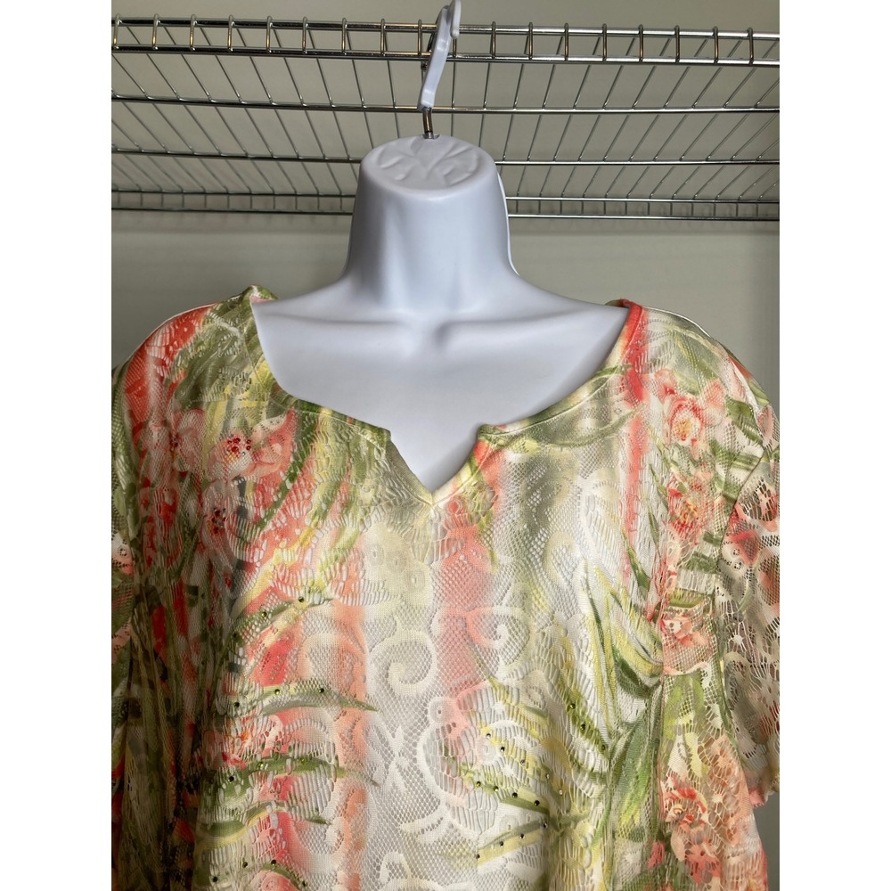 Alfred Dunner Womens Tropical Floral Lace Overlay V Top Sz 2X‎ Feminine Flowy - Picture 7 of 10